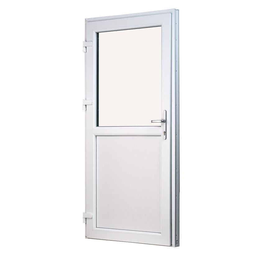 Hvid facadedør eller bryggersdør i plast 79x179 med vindue og panel