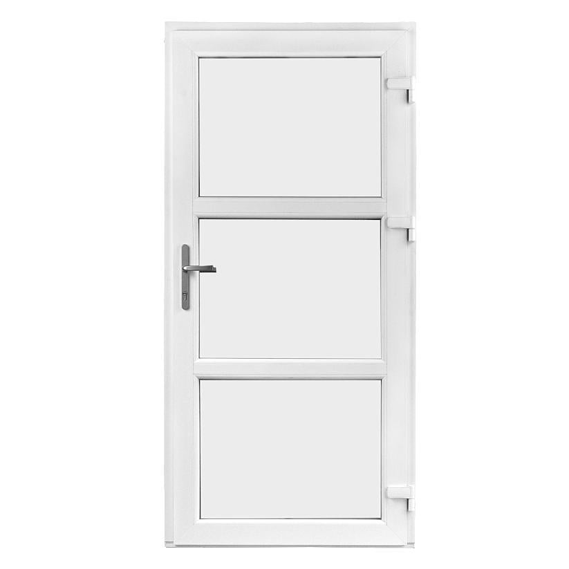 Facadedør/terrassedør i hvidt PVC, 3 glas, 88 x 189 cm, med håndtag.