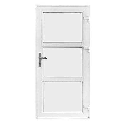 Facadedør/terrassedør i hvidt PVC, 3 glas, 88 x 189 cm, med håndtag.