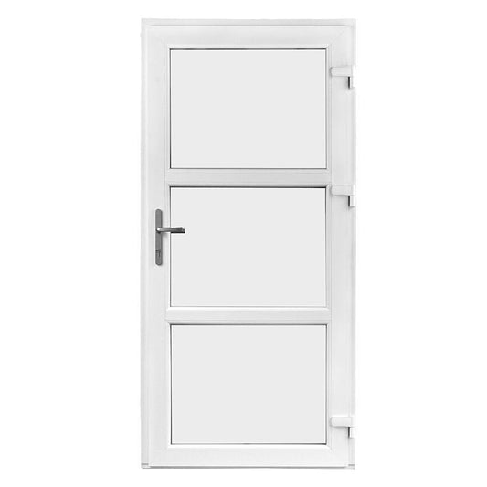 Facadedør/terrassedør i hvidt PVC, 3 glas, 88 x 189 cm, med håndtag.