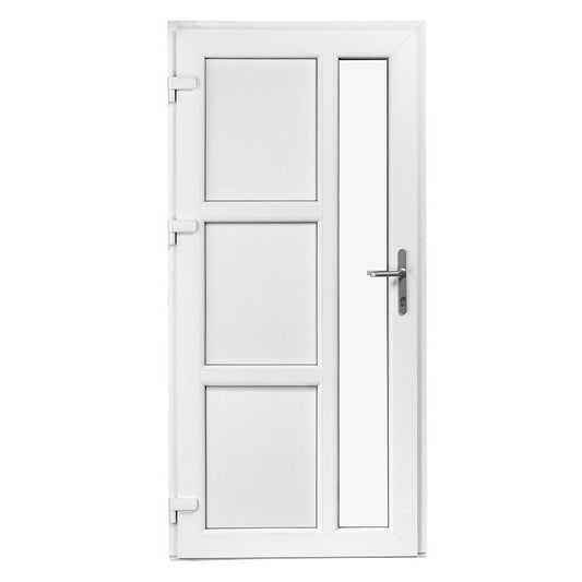 Facadedør i hvid PVC 88x205 med tre fyldninger og aflangt glas.