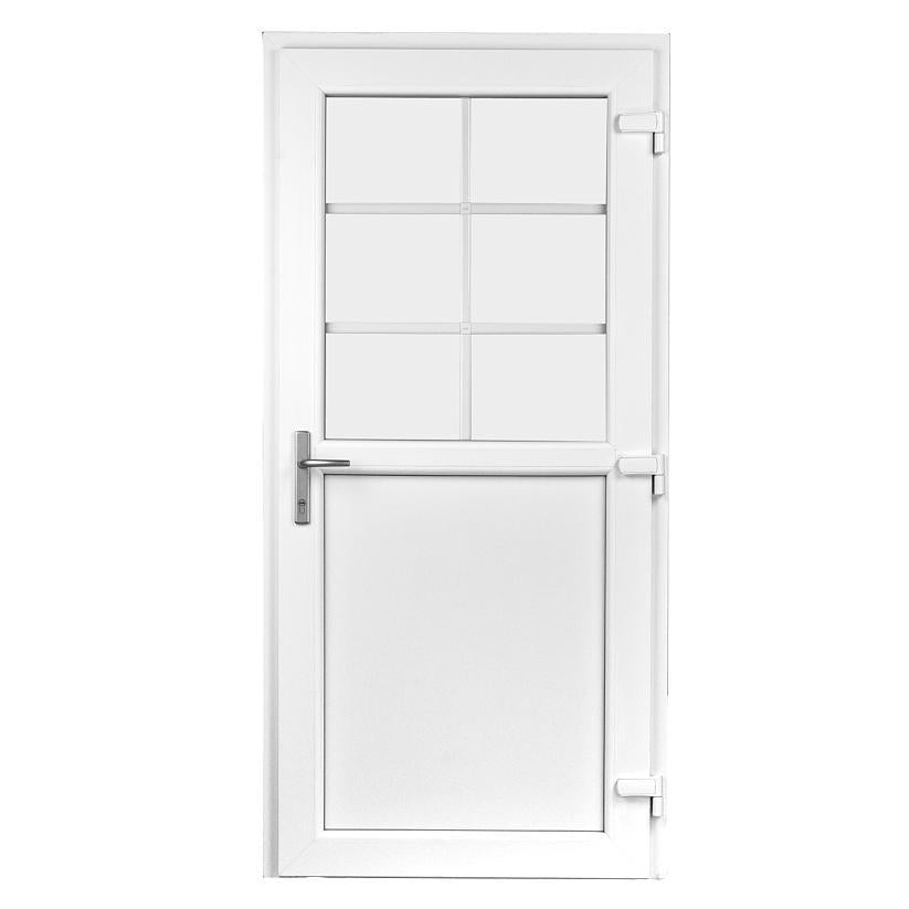 Facadedør 79x189 i hvid plast med glas og sprosser.