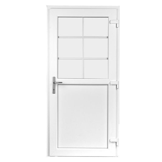 Facadedør 79x189 i hvid plast med glas og sprosser.