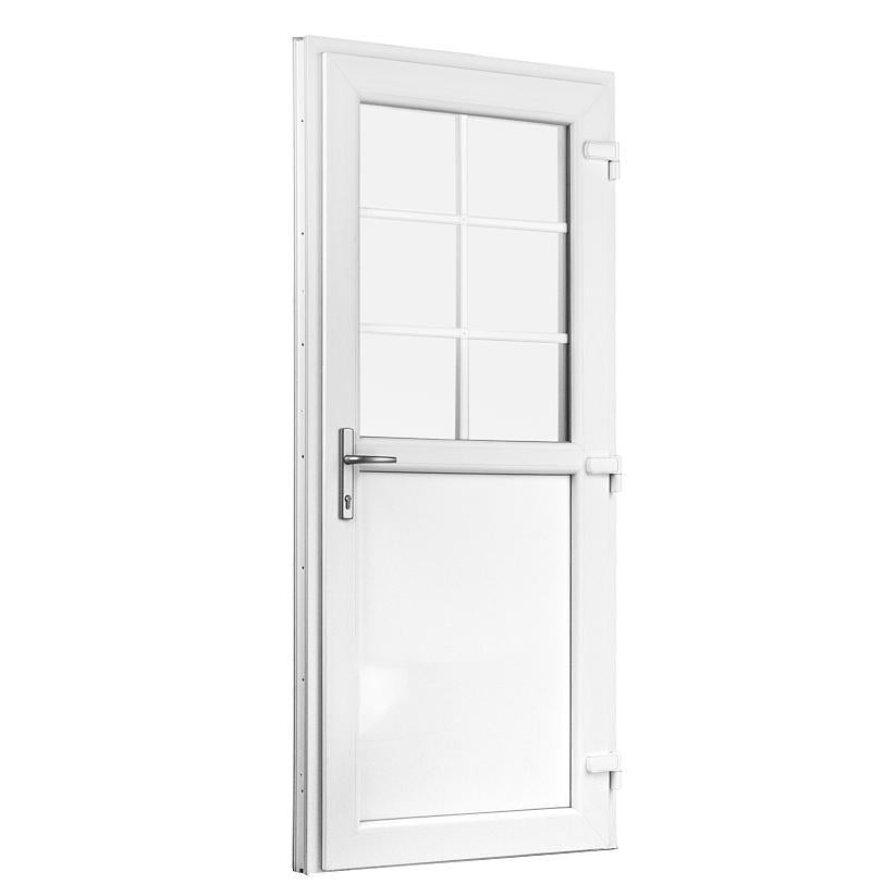 Facadedør/hoveddør 79 X 189 i hvid plast med glas og sprosser.