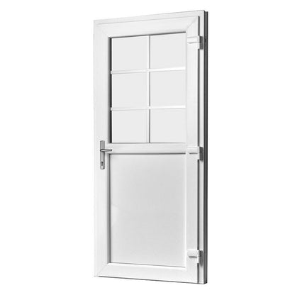 Facadedør 79 X 189 i hvidt plast med glas, sprosser og panel.