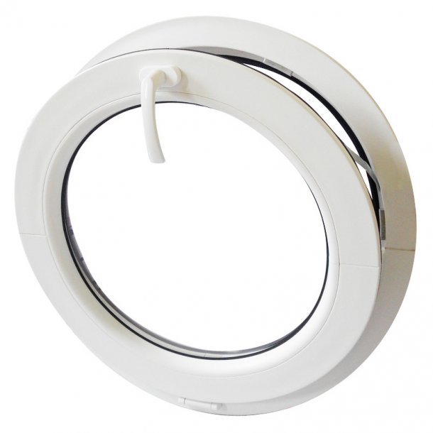 Rundt hvidt plastvindue med kip-ind funktion og håndtag