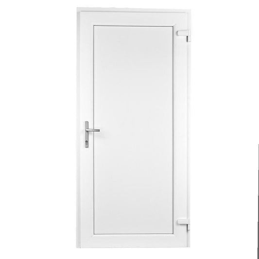 88 x 189 hvid udhusdør af plast med panel og sølvfarvet håndtag