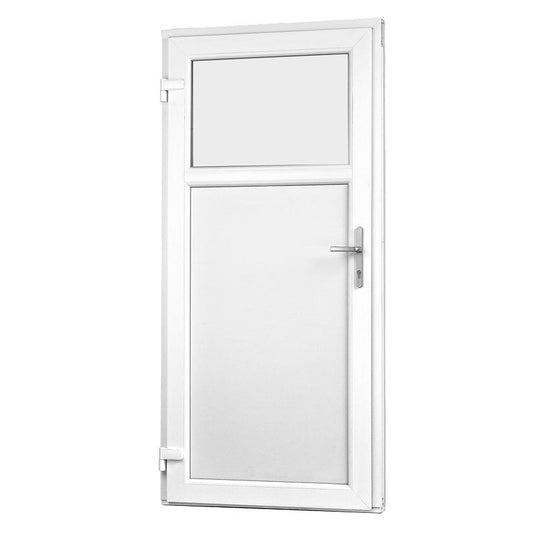 80 x 180 udhusdør i hvid plast med vindue og grå håndtag.