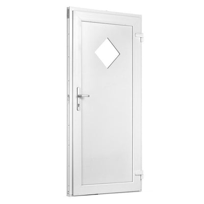 80x180 udhusdør hvid med rombeformet vindue, yderdør til skur eller anneks