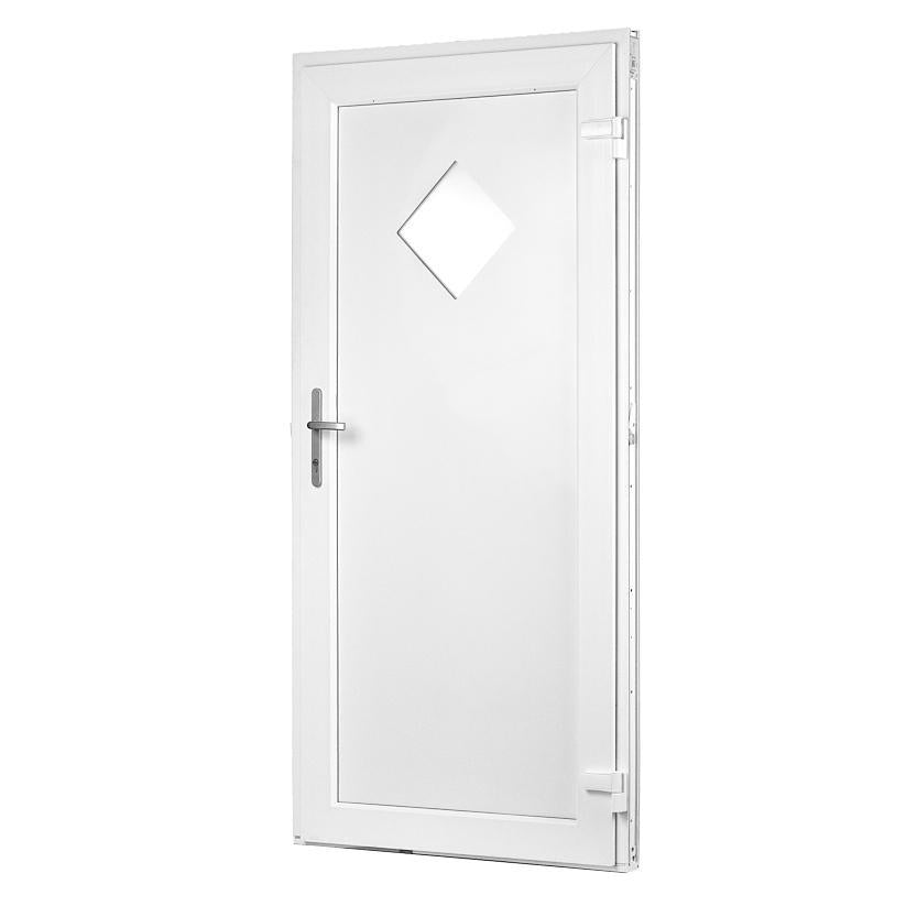 80 x 180 udhusdør hvid med vindue på spids, sølv håndtag