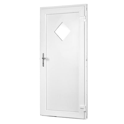 80 x 180 udhusdør hvid med vindue på spids, sølv håndtag